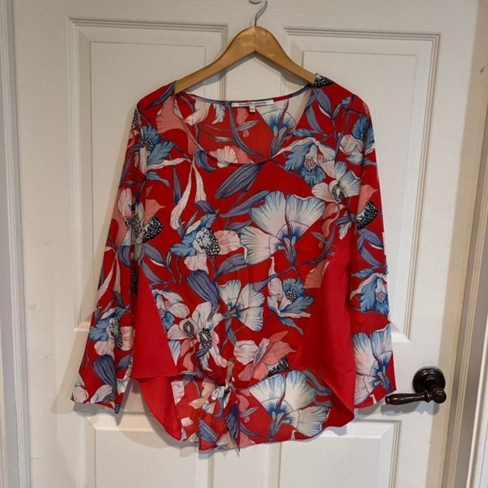 Collective Concepts Floral Blouse Women’s Large Red Blue Long Sleeve Top